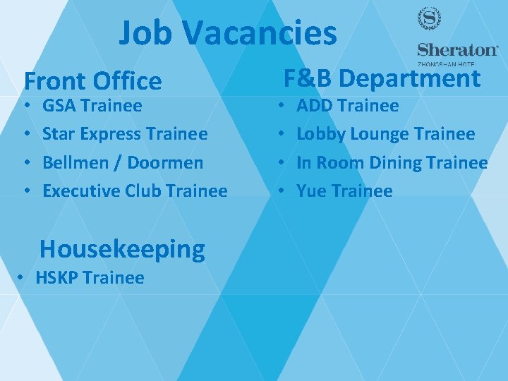 Job Vacancies Front Office • • GSA Trainee Star Express Trainee Bellmen / Doormen Job Vacancies Front Office • • GSA Trainee Star Express Trainee Bellmen / Doormen