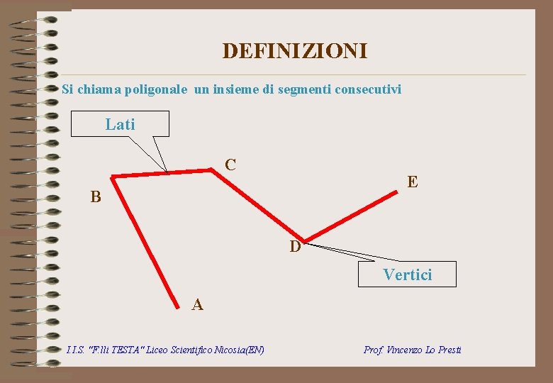 DEFINIZIONI Si chiama poligonale un insieme di segmenti consecutivi Lati C E B D