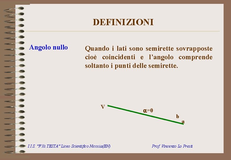 DEFINIZIONI Angolo nullo Quando i lati sono semirette sovrapposte cioè coincidenti e l’angolo comprende