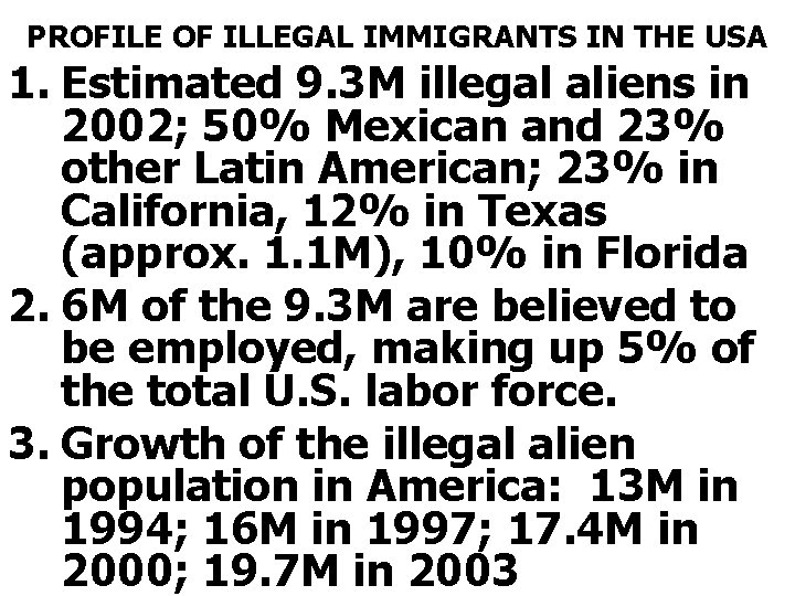 PROFILE OF ILLEGAL IMMIGRANTS IN THE USA 1. Estimated 9. 3 M illegal aliens