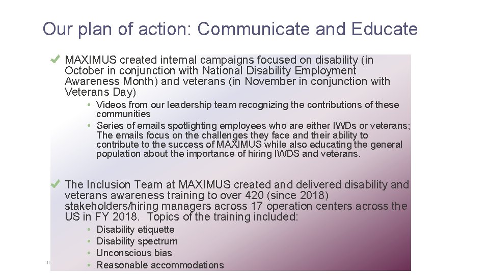 Our plan of action: Communicate and Educate MAXIMUS created internal campaigns focused on disability Our plan of action: Communicate and Educate MAXIMUS created internal campaigns focused on disability