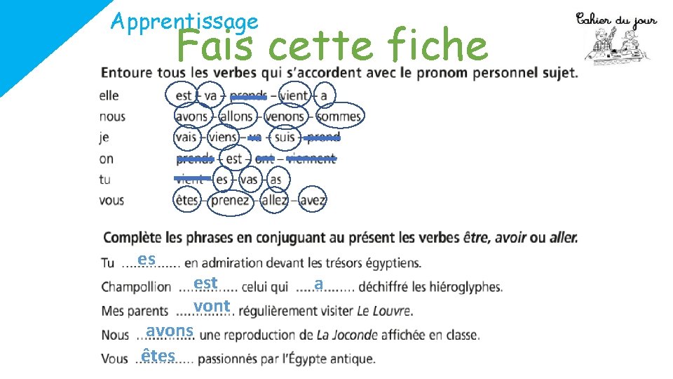 Apprentissage Fais cette fiche es est vont avons êtes a 