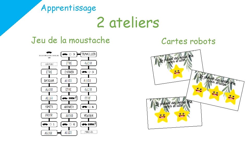 Apprentissage 2 ateliers Jeu de la moustache Cartes robots 