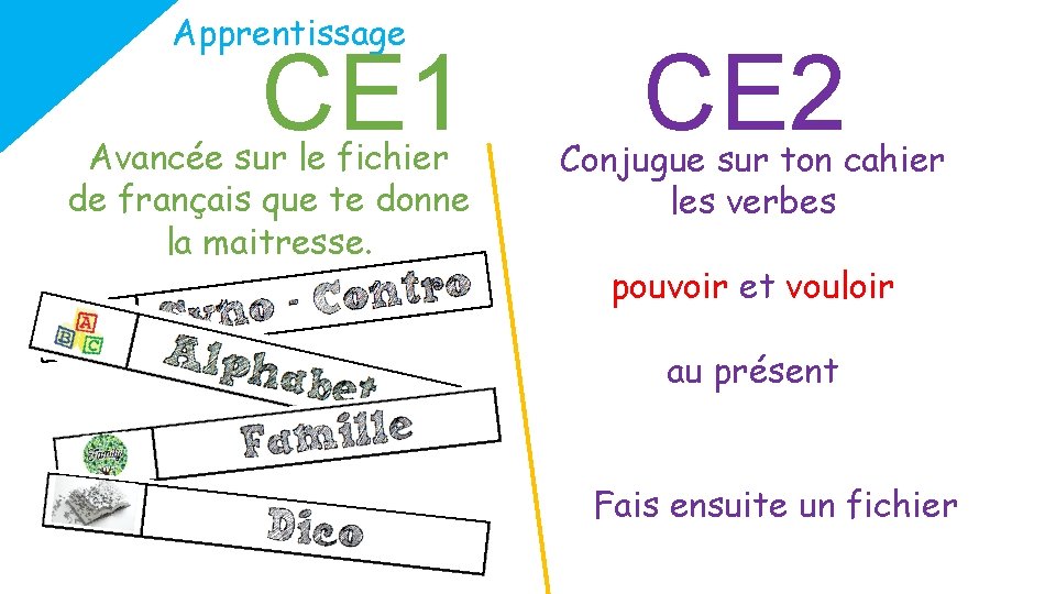 Apprentissage CE 1 Avancée sur le fichier de français que te donne la maitresse.