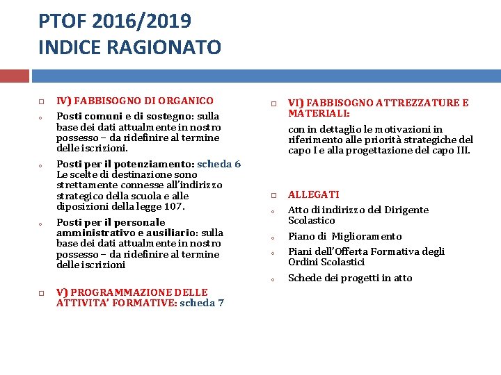 PTOF 2016/2019 INDICE RAGIONATO o o o IV) FABBISOGNO DI ORGANICO Posti comuni e