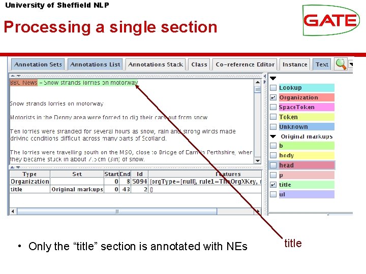 University of Sheffield NLP Processing a single section • Only the “title” section is