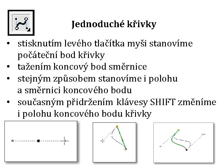 Jednoduché křivky • stisknutím levého tlačítka myši stanovíme počáteční bod křivky • tažením koncový