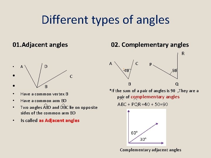 Different types of angles 01. Adjacent angles 02. Complementary angles R • • •