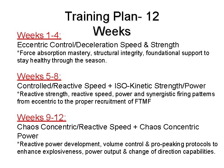 Training Plan- 12 Weeks 1 -4: Eccentric Control/Deceleration Speed & Strength *Force absorption mastery,