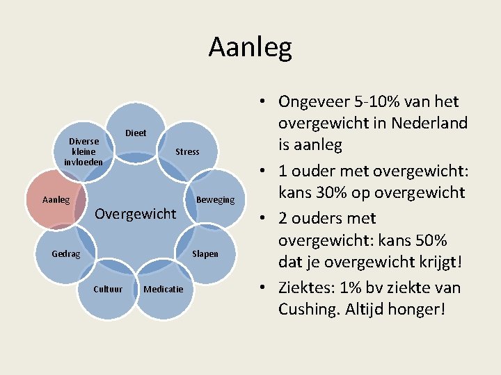 Aanleg Diverse kleine invloeden Aanleg Dieet Stress Overgewicht Gedrag Beweging Slapen Cultuur Medicatie •