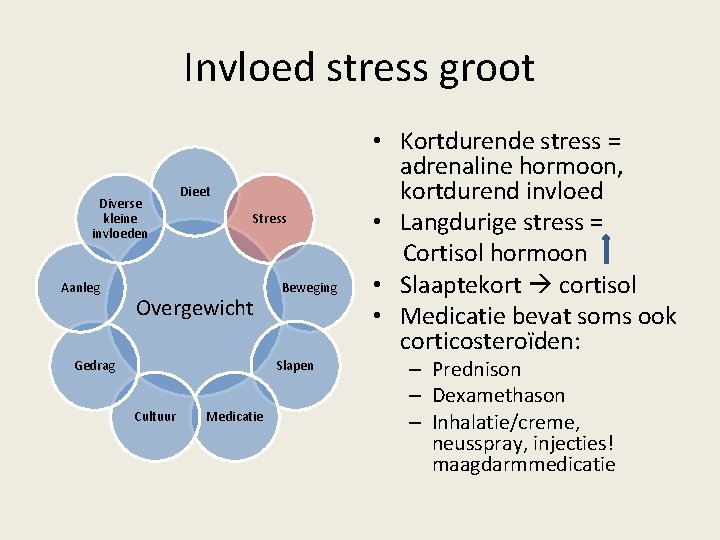 Invloed stress groot Diverse kleine invloeden Aanleg Dieet Stress Overgewicht Gedrag Beweging Slapen Cultuur