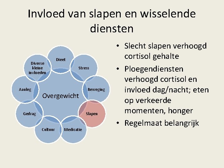 Invloed van slapen en wisselende diensten Diverse kleine invloeden Aanleg Dieet Stress Overgewicht Gedrag