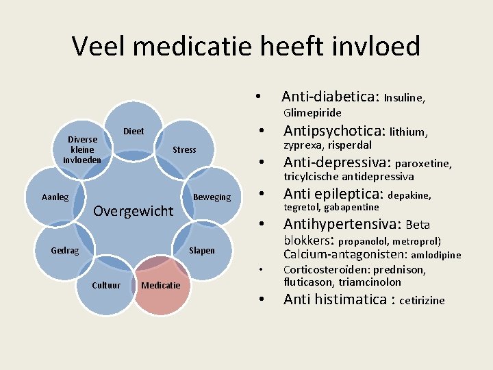 Veel medicatie heeft invloed • Anti-diabetica: Insuline, Glimepiride Diverse kleine invloeden Aanleg Dieet Stress