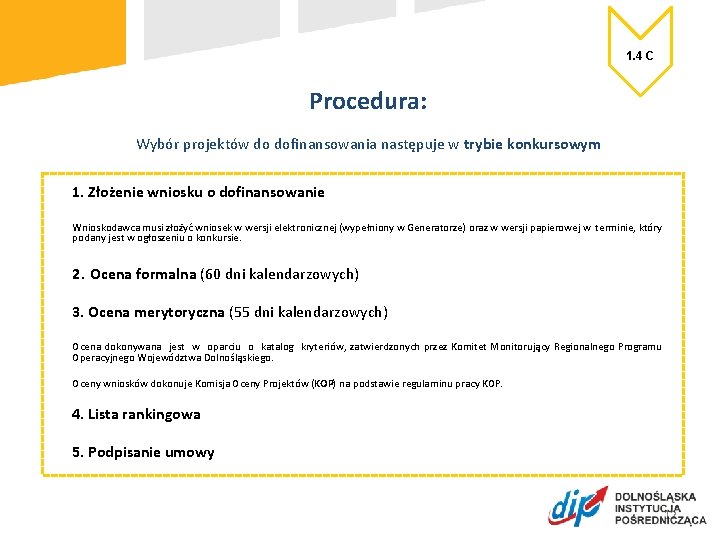 1. 4 C Procedura: Wybór projektów do dofinansowania następuje w trybie konkursowym 1. Złożenie