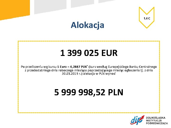 Alokacja 1. 4 C 1 399 025 EUR Po przeliczeniu wg kursu 1 Euro