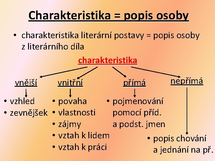 Charakteristika = popis osoby • charakteristika literární postavy = popis osoby z literárního díla