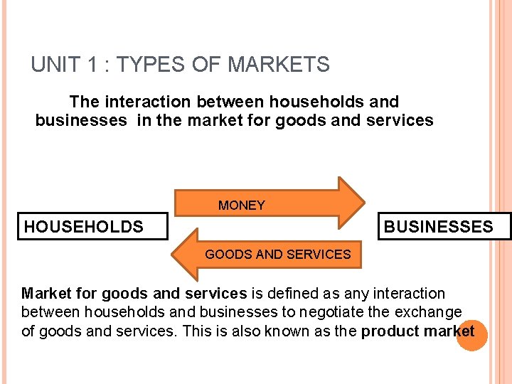 UNIT 1 : TYPES OF MARKETS The interaction between households and businesses in the