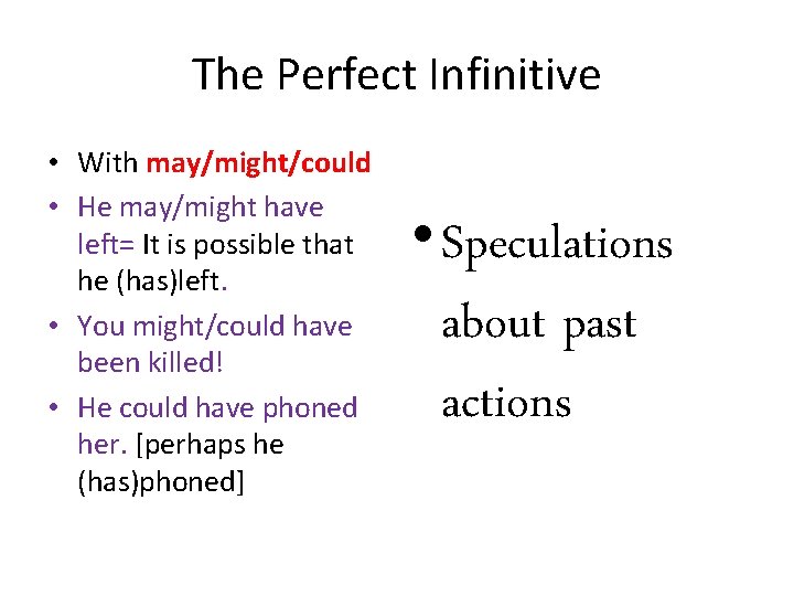 The Perfect Infinitive • With may/might/could • He may/might have left= It is possible