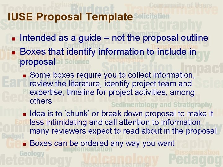 IUSE Proposal Template n n Intended as a guide – not the proposal outline