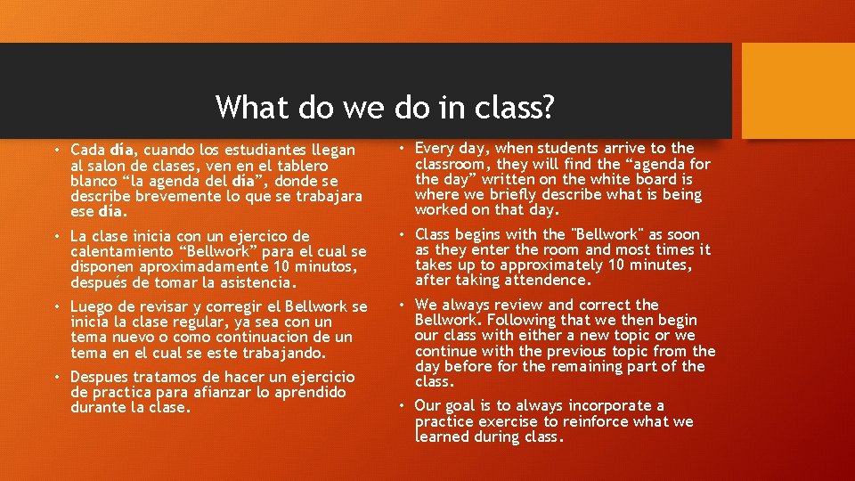 What do we do in class? • Cada día, cuando los estudiantes llegan al