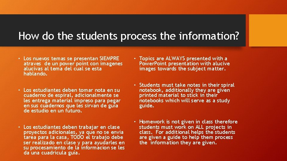 How do the students process the information? • Los nuevos temas se presentan SIEMPRE