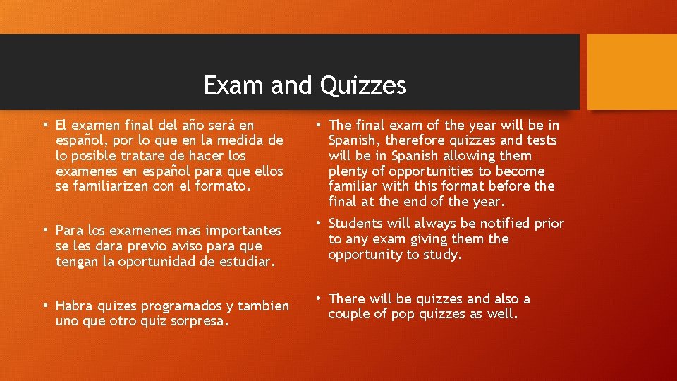 Exam and Quizzes • El examen final del año será en español, por lo