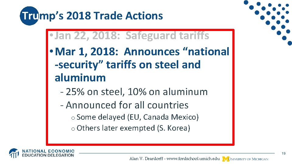 Trump’s 2018 Trade Actions • Jan 22, 2018: Safeguard tariffs • Mar 1, 2018: