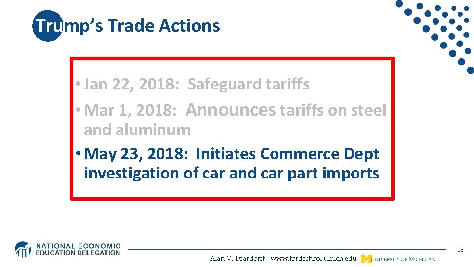 Trump’s Trade Actions • Jan 22, 2018: Safeguard tariffs • Mar 1, 2018: Announces