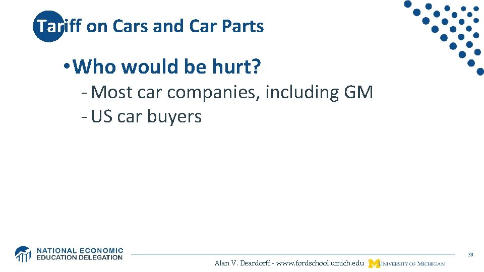 Tariff on Cars and Car Parts • Who would be hurt? - Most car