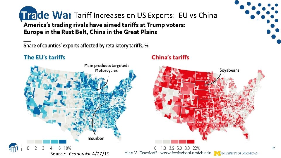Trade War Tariff Increases on US Exports: EU vs China 52 Source: Economist 4/27/19