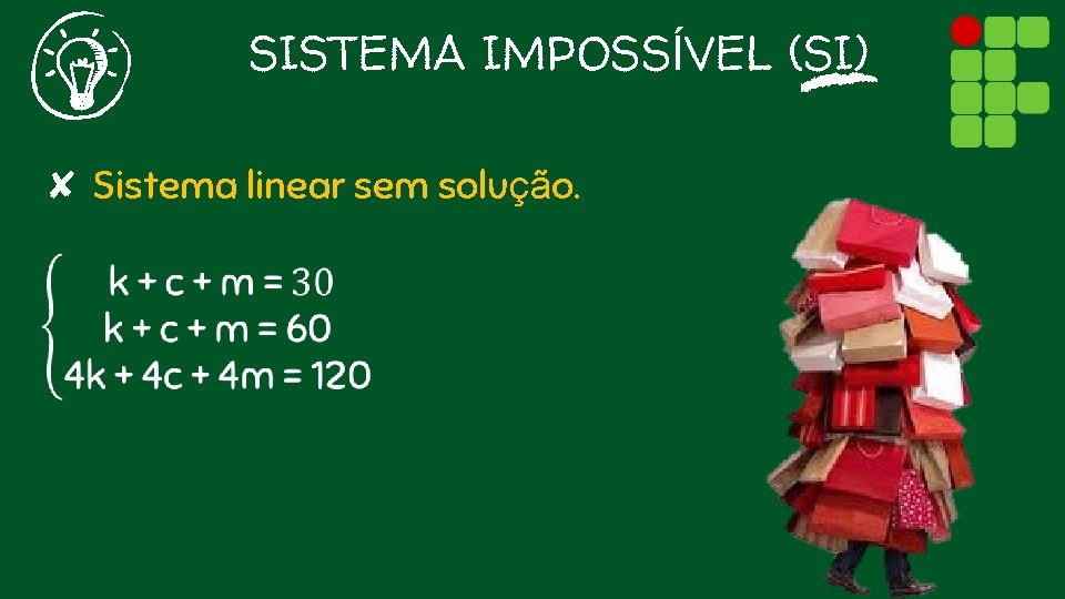 SISTEMA IMPOSSÍVEL (SI) ✘ Sistema linear sem solução. 