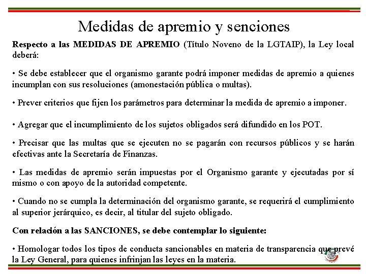 Medidas de apremio y senciones Respecto a las MEDIDAS DE APREMIO (Título Noveno de