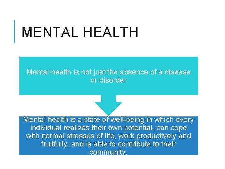 MENTAL HEALTH Mental health is not just the absence of a disease or disorder MENTAL HEALTH Mental health is not just the absence of a disease or disorder