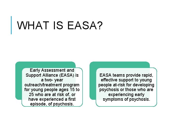 WHAT IS EASA? Early Assessment and Support Alliance (EASA) is a two- year outreach/treatment WHAT IS EASA? Early Assessment and Support Alliance (EASA) is a two- year outreach/treatment