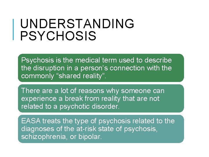 UNDERSTANDING PSYCHOSIS Psychosis is the medical term used to describe the disruption in a UNDERSTANDING PSYCHOSIS Psychosis is the medical term used to describe the disruption in a