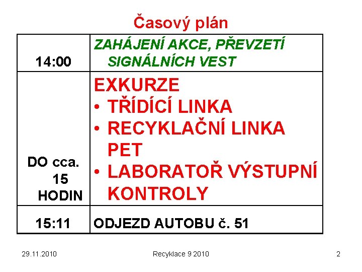 Časový plán 14: 00 DO cca. 15 HODIN 15: 11 29. 11. 2010 ZAHÁJENÍ