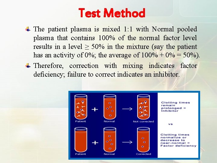 Test Method The patient plasma is mixed 1: 1 with Normal pooled plasma that