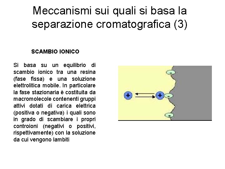 Meccanismi sui quali si basa la separazione cromatografica (3) SCAMBIO IONICO Si basa su