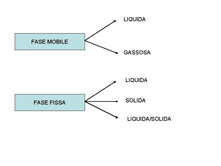 LIQUIDA FASE MOBILE GASSOSA LIQUIDA FASE FISSA SOLIDA LIQUIDA/SOLIDA 