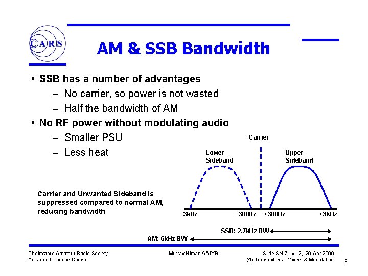 AM & SSB Bandwidth • SSB has a number of advantages – No carrier,