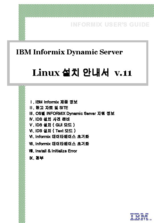 INFORMIX USER’S GUIDE IBM Informix Dynamic Server Linux 설치 안내서 v. 11 Ⅰ. IBM