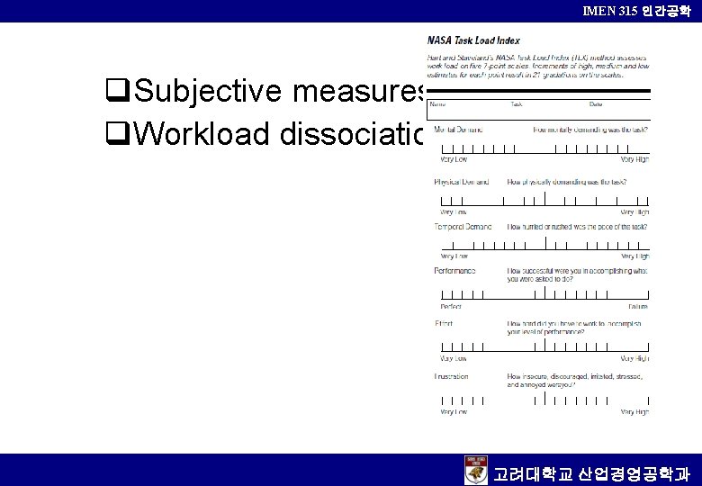 IMEN 315 인간공학 q. Subjective measures q. Workload dissociations 고려대학교 산업경영공학과 