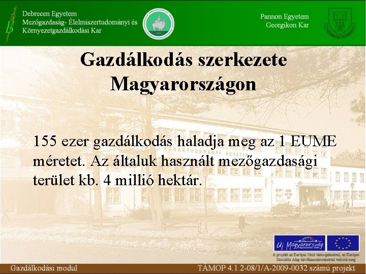 Gazdálkodás szerkezete Magyarországon 155 ezer gazdálkodás haladja meg az 1 EUME méretet. Az általuk