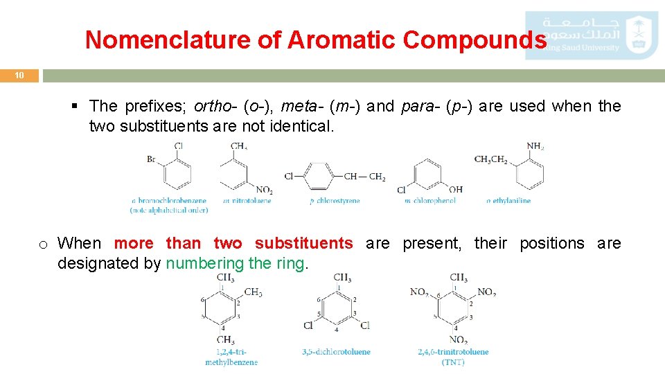 Nomenclature of Aromatic Compounds 10 § The prefixes; ortho- (o-), meta- (m-) and para-