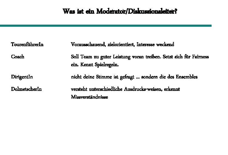 Was ist ein Moderator/Diskussionsleiter? Tourenführer. In Vorausschauend, zielorientiert, Interesse weckend Coach Soll Team zu