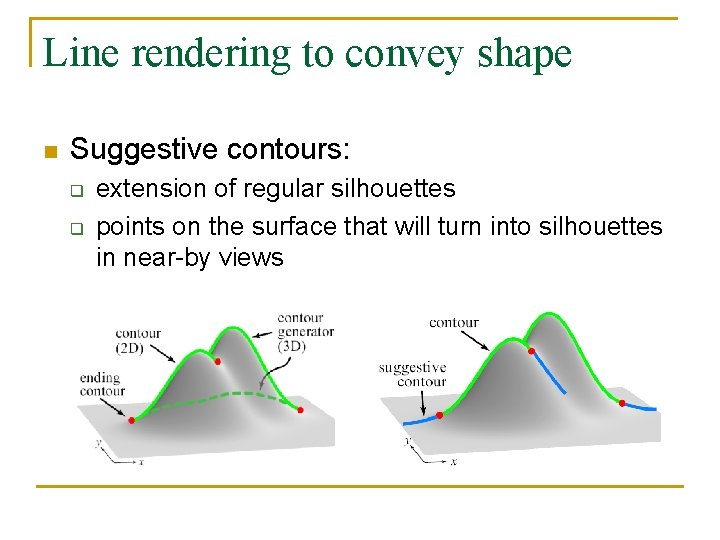 Line rendering to convey shape n Suggestive contours: q q extension of regular silhouettes