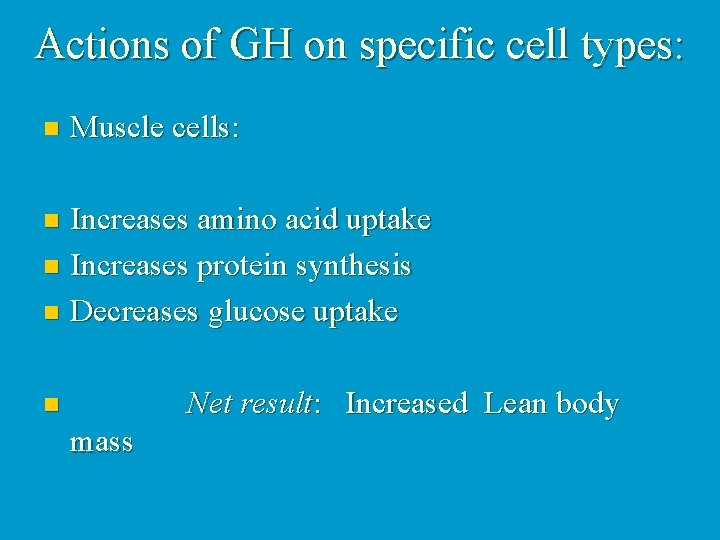 Actions of GH on specific cell types: n Muscle cells: Increases amino acid uptake