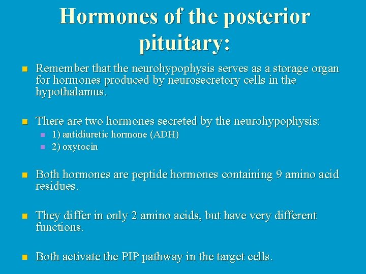 Hormones of the posterior pituitary: n Remember that the neurohypophysis serves as a storage