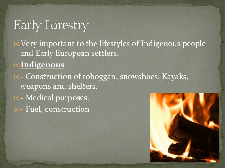 Early Forestry Very important to the lifestyles of Indigenous people and Early European settlers.