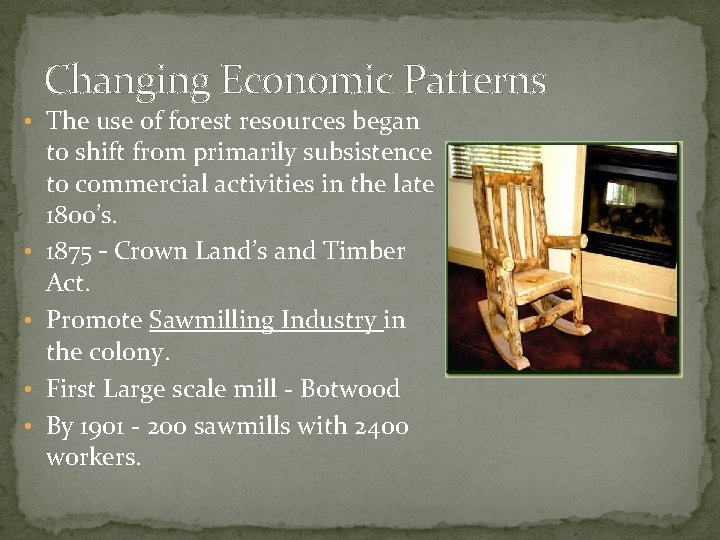 Changing Economic Patterns • The use of forest resources began • • to shift